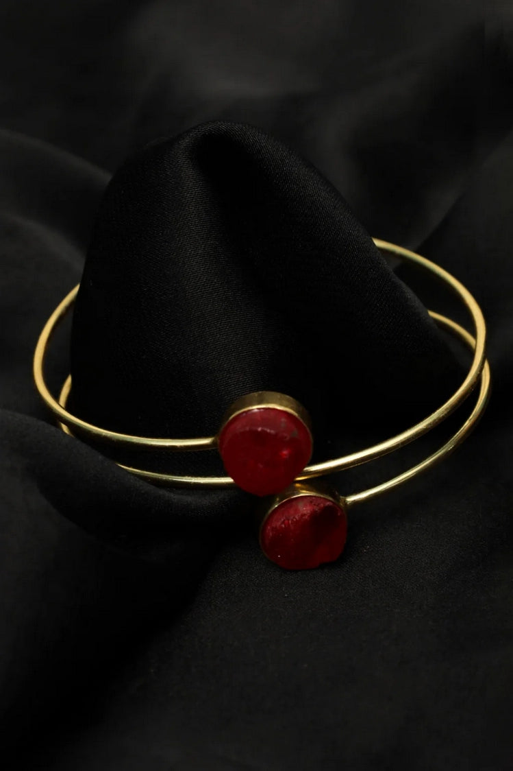 Picture of Zehnaz - Gold-Tone Red Accent Open Cuff Bracelet Elegant Meenakari-Inspired Design - Available at Raja Sahib