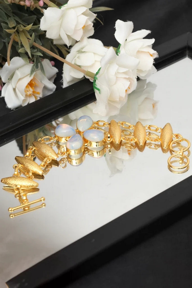 Picture of Zehnaz - Gold-Tone Teardrop Opal Clover Link Bracelet Elegant Floral Design - Available at Raja Sahib