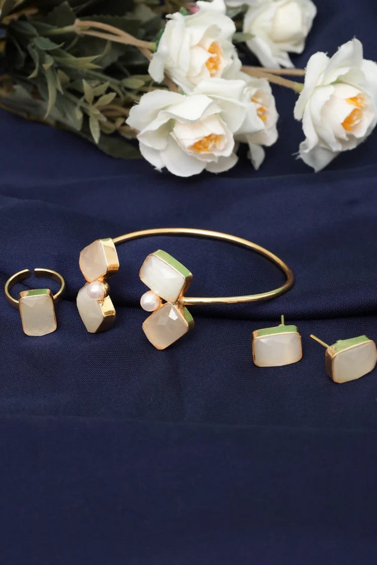 Picture of Zehnaz - Gold-Tone Tetra Rectangle Glossy & Pearl Jewelry Set Bracelet, Ring & Stud Earrings - Available at Raja Sahib