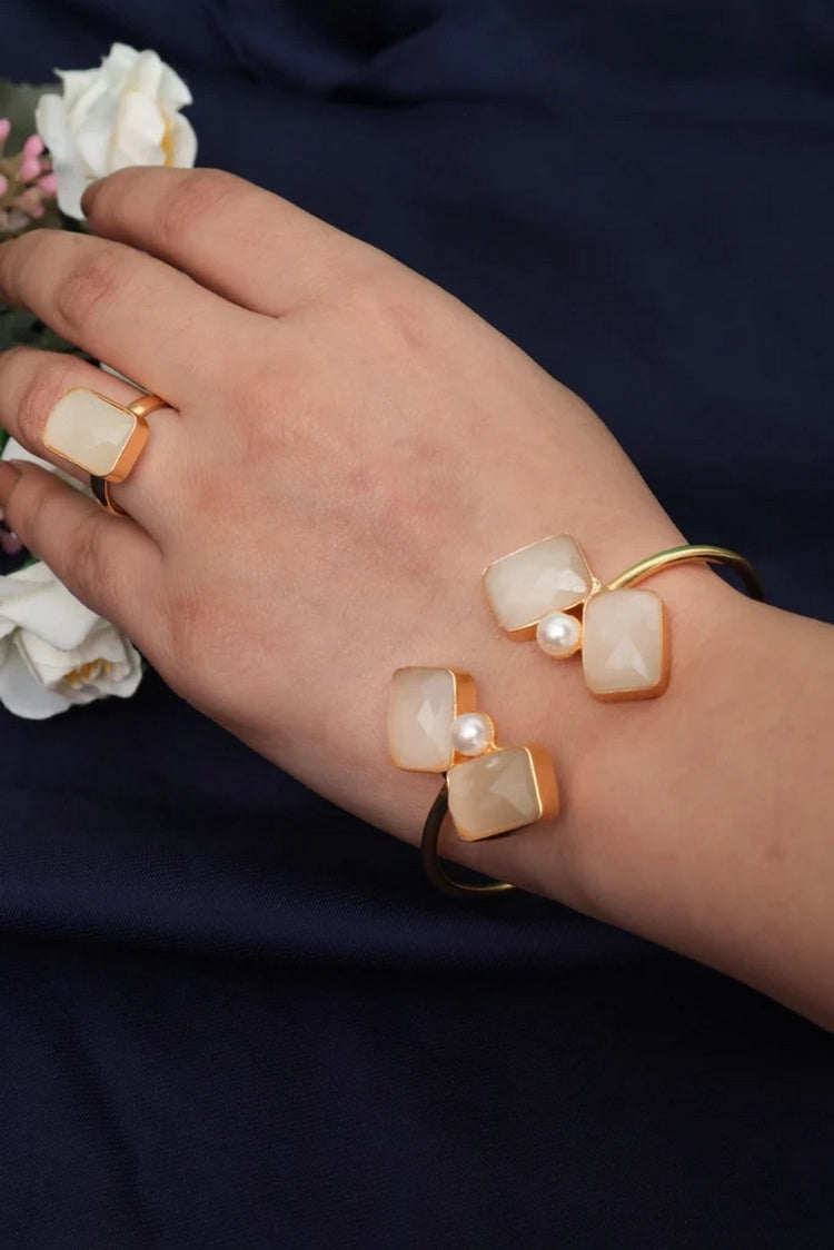 Picture of Zehnaz - Gold-Tone Tetra Rectangle Glossy & Pearl Jewelry Set Bracelet, Ring & Stud Earrings - Available at Raja Sahib