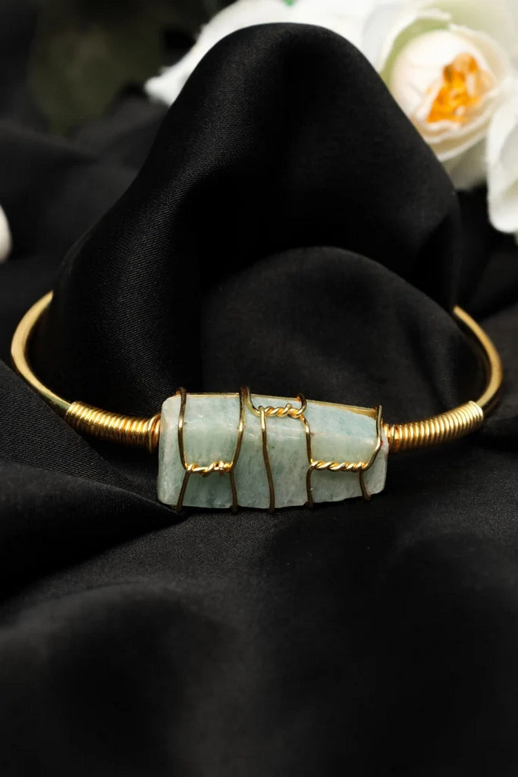 Picture of Zehnaz - Handmade Gold-Plated Wire-Wrapped Amazonite Cuff Bracelet Boho Statement Jewelry - Available at Raja Sahib