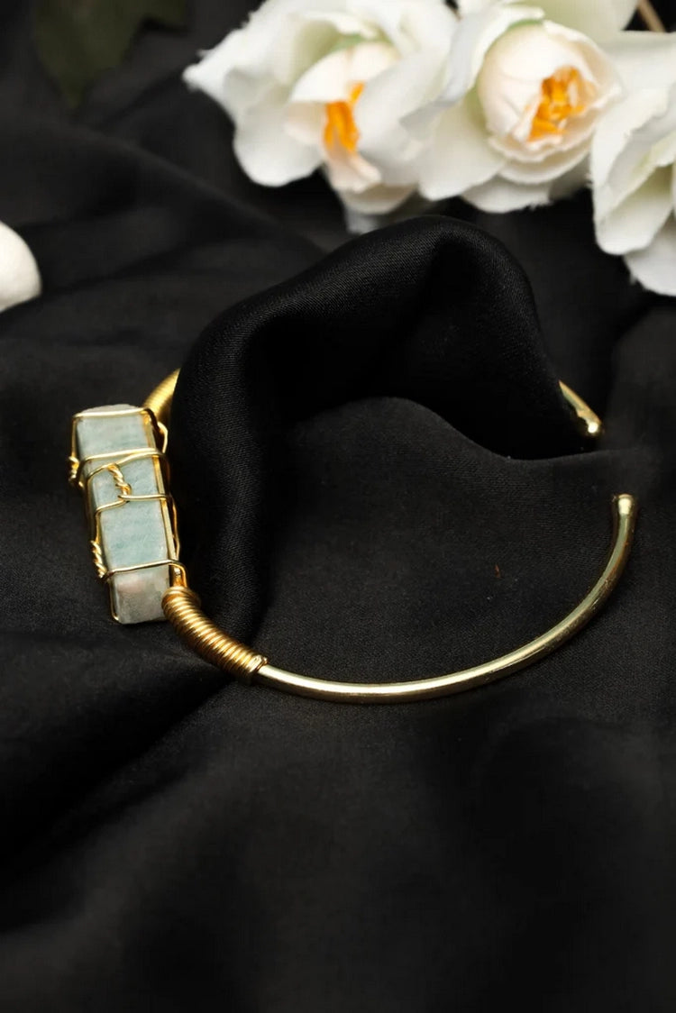 Picture of Zehnaz - Handmade Gold-Plated Wire-Wrapped Amazonite Cuff Bracelet Boho Statement Jewelry - Available at Raja Sahib