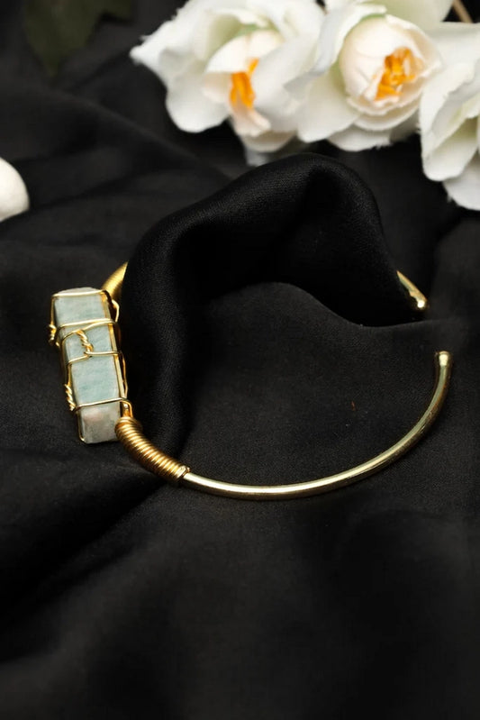 Picture of Zehnaz - Handmade Gold-Plated Wire-Wrapped Amazonite Cuff Bracelet Boho Statement Jewelry - Available at Raja Sahib
