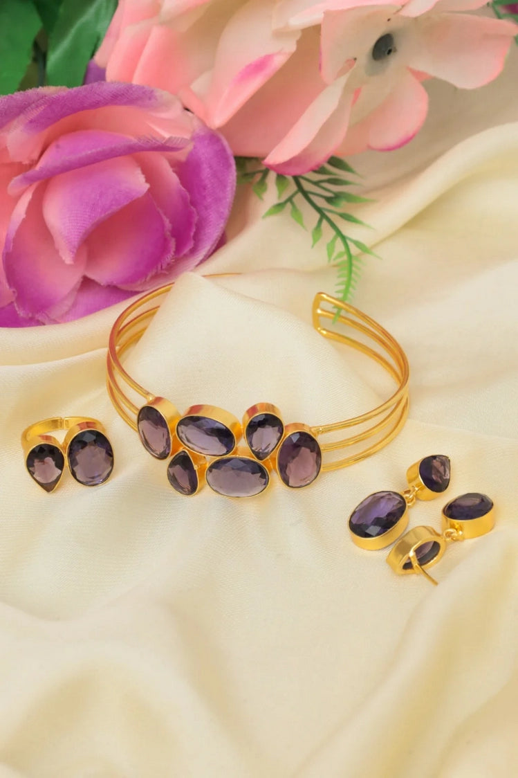 Picture of Zehnaz - Gold-Plated Amethyst Jewelry Set Cuff Bracelet, Ring & Drop Earrings - Available at Raja Sahib