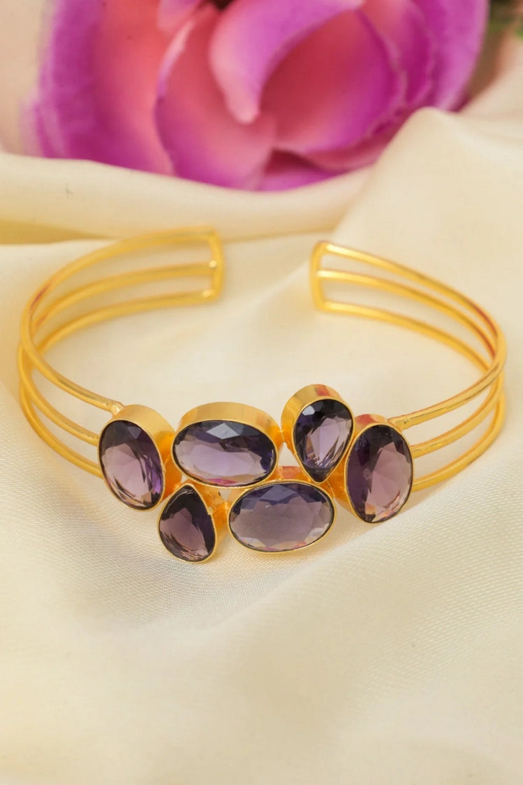 Picture of Zehnaz - Gold-Plated Amethyst Jewelry Set Cuff Bracelet, Ring & Drop Earrings - Available at Raja Sahib