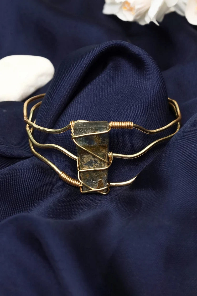 Picture of Zehnaz - Wire Wrapped Rough Stone Cuff Bracelet Handmade Gold Adjustable Bangle - Available at Raja Sahib