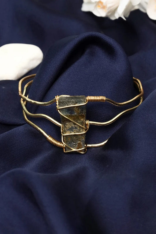 Picture of Zehnaz - Wire Wrapped Rough Stone Cuff Bracelet Handmade Gold Adjustable Bangle - Available at Raja Sahib