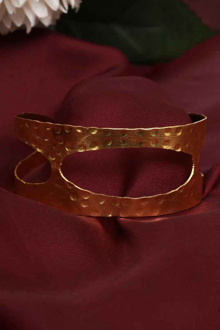 Picture of Zehnaz - Wide Hammered Gold Tone Openwork Cuff Bracelet Adjustable Statement Bangle - Available at Raja Sahib