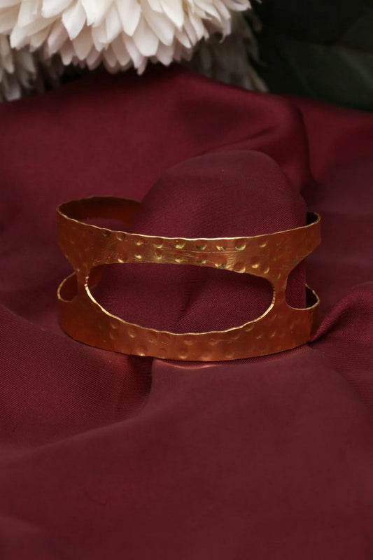 Picture of Zehnaz - Wide Hammered Gold Tone Openwork Cuff Bracelet Adjustable Statement Bangle - Available at Raja Sahib