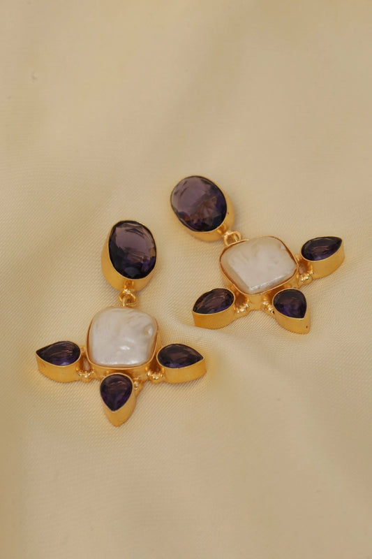 Picture of Zehnaz - Gold Plated Amethyst Drop Statement Earrings - Available at Raja Sahib