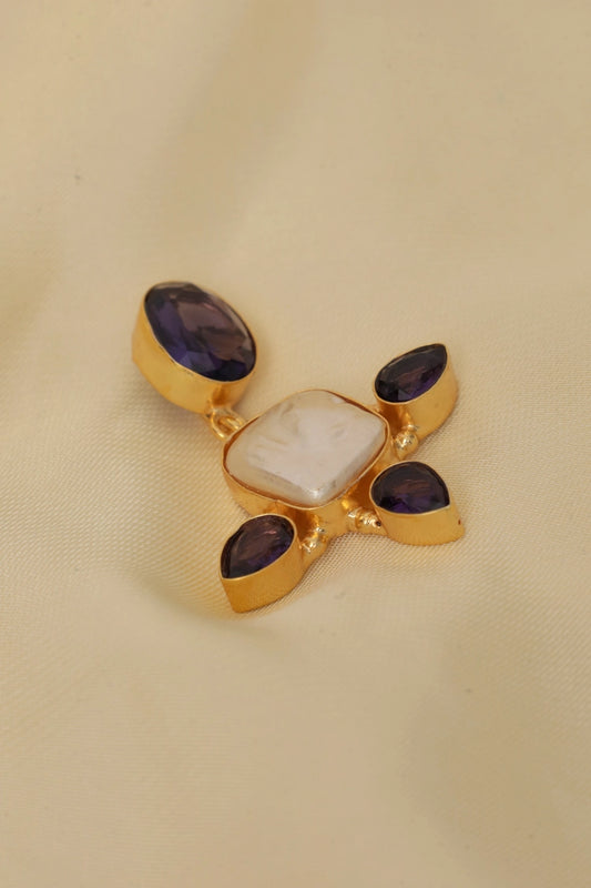 Picture of Zehnaz - Gold Plated Amethyst Drop Statement Earrings - Available at Raja Sahib