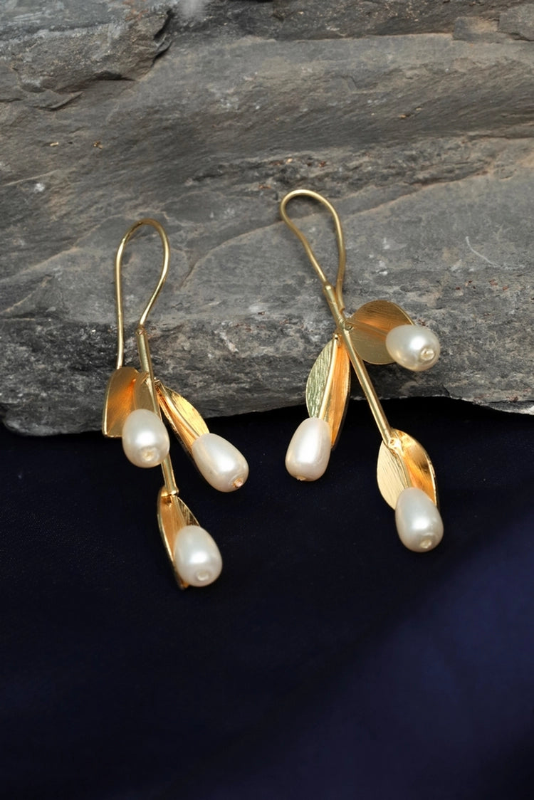Picture of Zehnaz - Gold Plated Leaf Pearl Drop Statement Earrings - Available at Raja Sahib