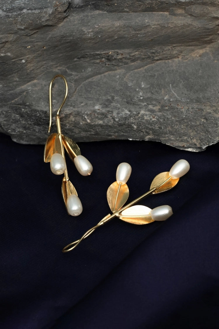 Picture of Zehnaz - Gold Plated Leaf Pearl Drop Statement Earrings - Available at Raja Sahib