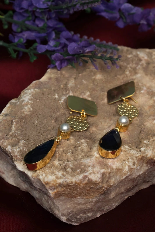 Picture of Zehnaz - Gold-Plated Onyx Pearl Drop Earrings - Available at Raja Sahib