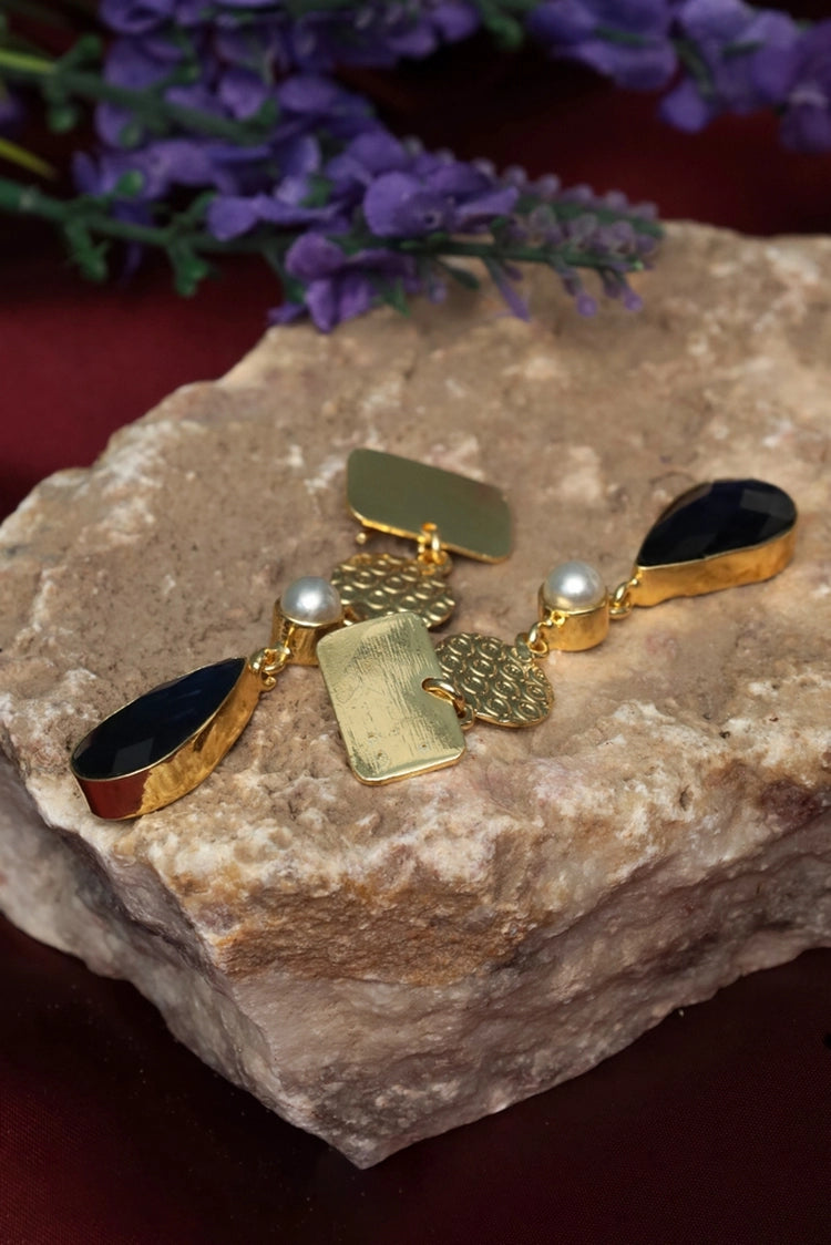 Picture of Zehnaz - Gold-Plated Onyx Pearl Drop Earrings - Available at Raja Sahib
