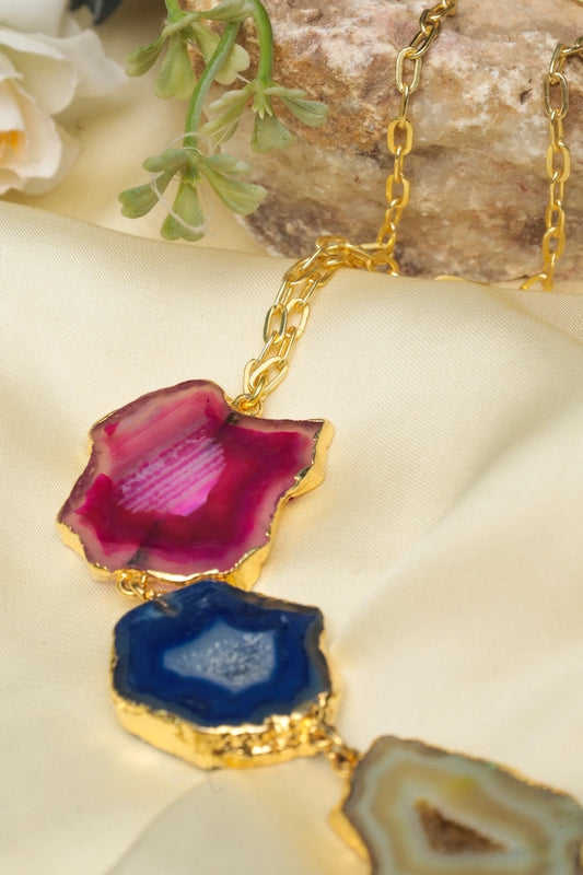 Picture of Zehnaz - Agate Slice Statement Necklace Multicolor Gold-Plated Boho Necklace - Available at Raja Sahib
