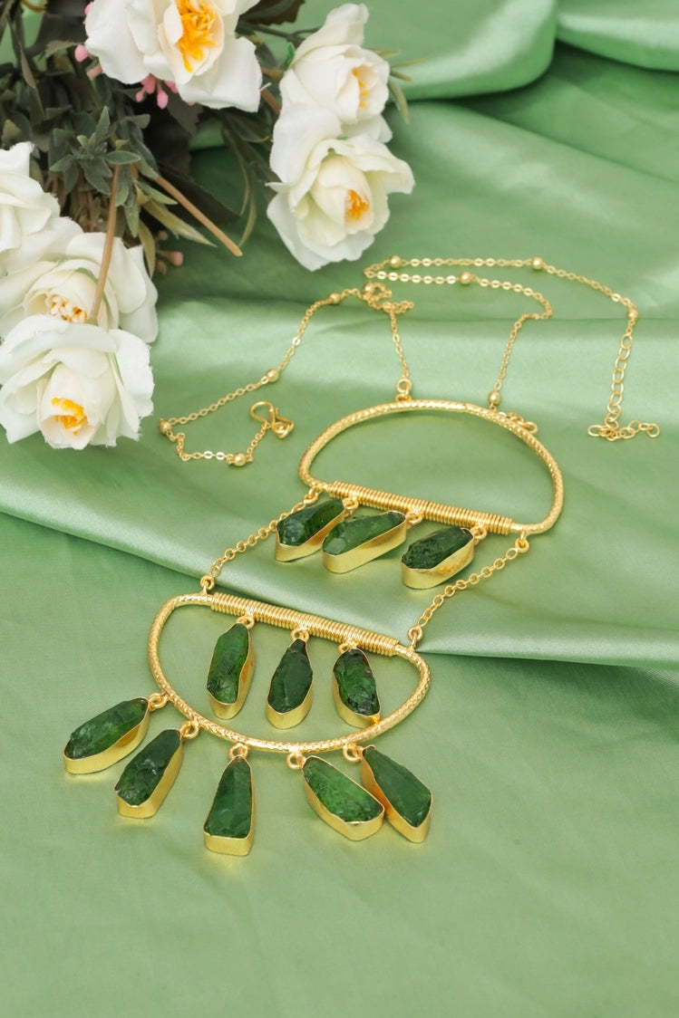 Picture of Zehnaz - Alira Dyed Stone Necklace Gold-Plated Raw Green Statement Jewelry - Available at Raja Sahib