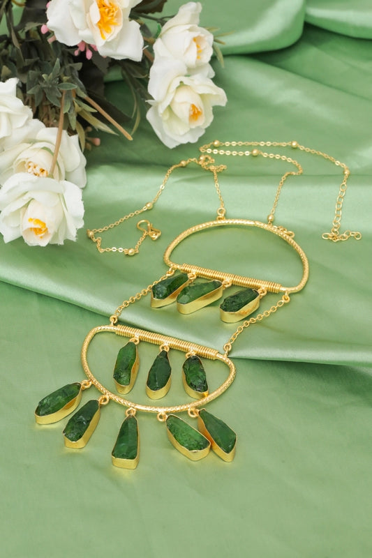 Picture of Zehnaz - Alira Dyed Stone Necklace Gold-Plated Raw Green Statement Jewelry - Available at Raja Sahib