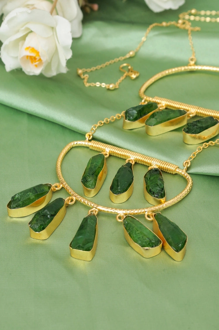 Picture of Zehnaz - Alira Dyed Stone Necklace Gold-Plated Raw Green Statement Jewelry - Available at Raja Sahib