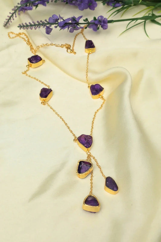 Picture of Zehnaz - Amethyst Drop Necklace Gold-Toned Raw Gemstone Statement Jewelry - Available at Raja Sahib