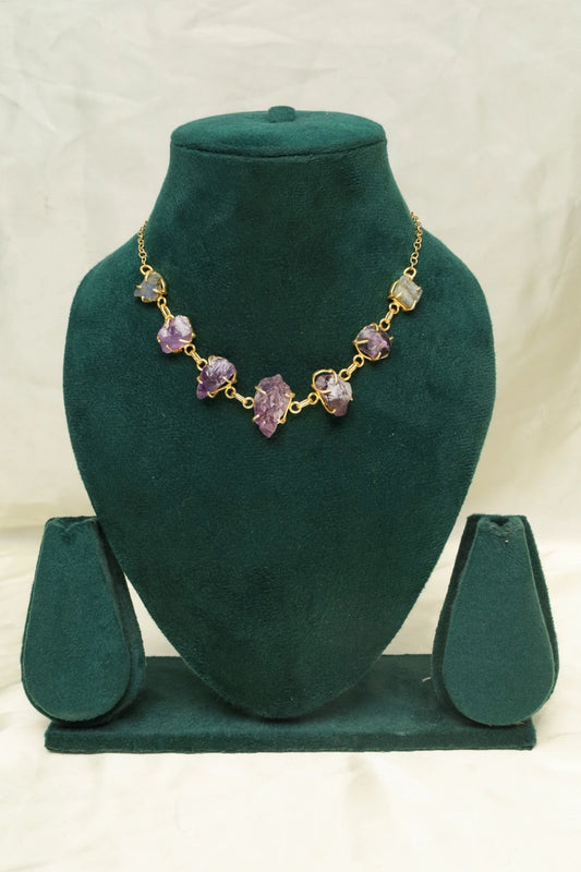 Picture of Zehnaz - Amethyst Raw Necklace Gold-Plated Statement Jewelry with Raw Crystals - Available at Raja Sahib