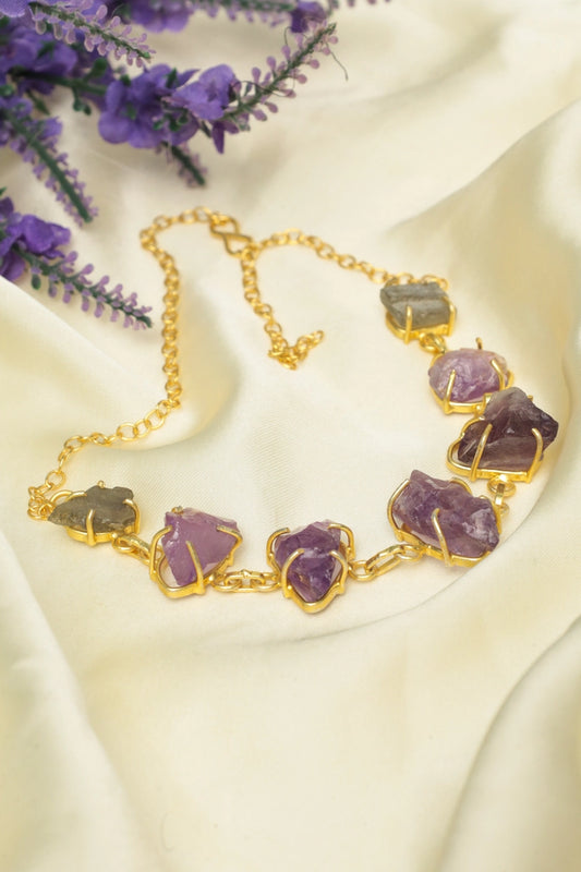 Picture of Zehnaz - Amethyst Raw Necklace Gold-Plated Statement Jewelry with Raw Crystals - Available at Raja Sahib