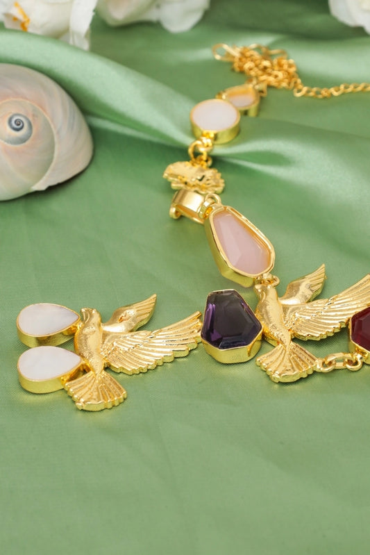 Picture of Zehnaz - Bird Gem Necklace Gold-Plated Statement Jewelry with Multi-Colored Stones - Available at Raja Sahib