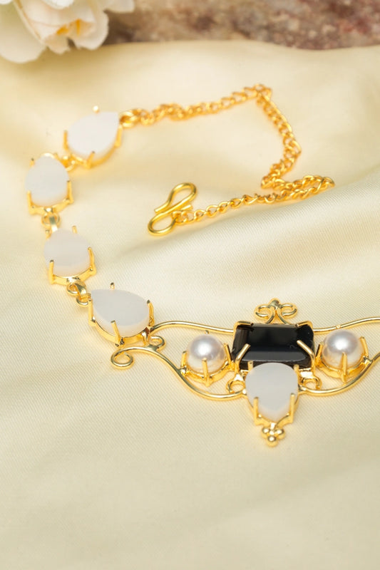 Picture of Zehnaz - Black & White Choker Gold-Plated Statement Necklace - Available at Raja Sahib