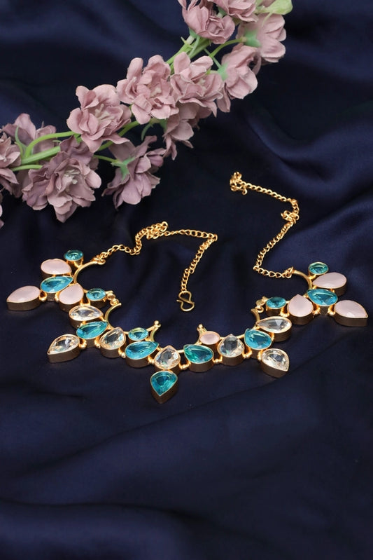 Picture of Zehnaz - Blue Gold Necklace Gold-Plated Floral Statement Jewelry - Available at Raja Sahib