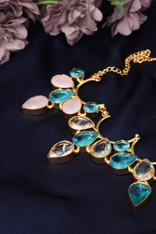 Picture of Zehnaz - Blue Gold Necklace Gold-Plated Floral Statement Jewelry - Available at Raja Sahib
