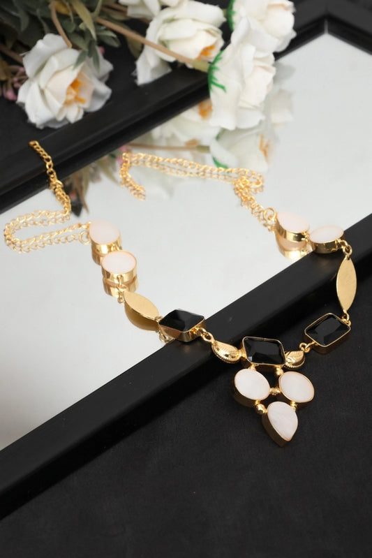 Picture of Zehnaz - Elysian Geometric Necklace Gold-Tone Black & White Statement Jewelry - Available at Raja Sahib