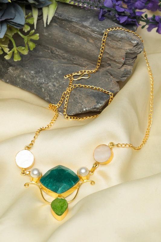 Picture of Zehnaz - Emerald Amethyst Pendant Gold-Plated Gemstone Statement Necklace - Available at Raja Sahib