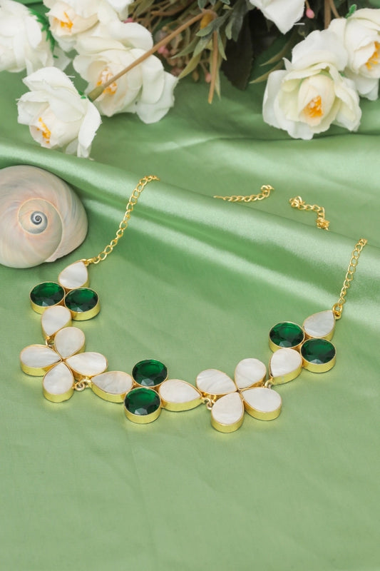 Picture of Zehnaz - Floral Gem Necklace Gold-Plated Mother-of-Pearl & Green Quartz Jewelry - Available at Raja Sahib