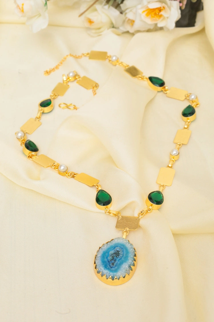 Picture of Zehnaz - Gertie Agate Necklace Gold-Plated Statement Jewelry with Blue & Green Stones - Available at Raja Sahib