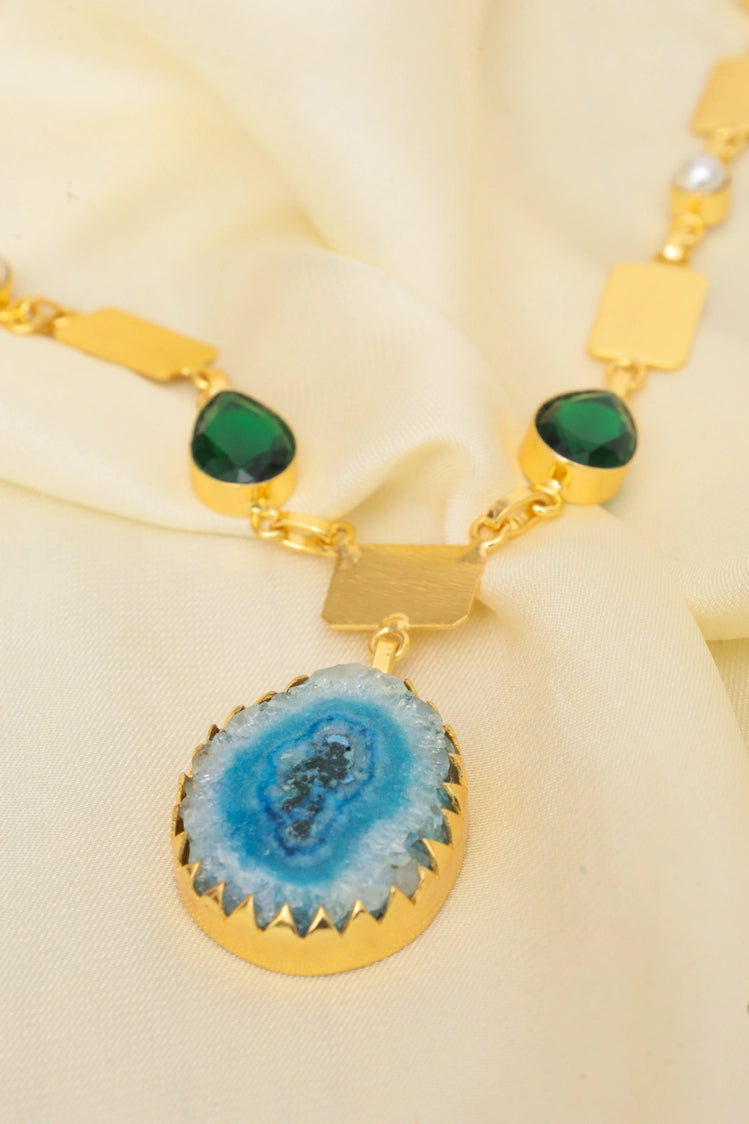 Picture of Zehnaz - Gertie Agate Necklace Gold-Plated Statement Jewelry with Blue & Green Stones - Available at Raja Sahib