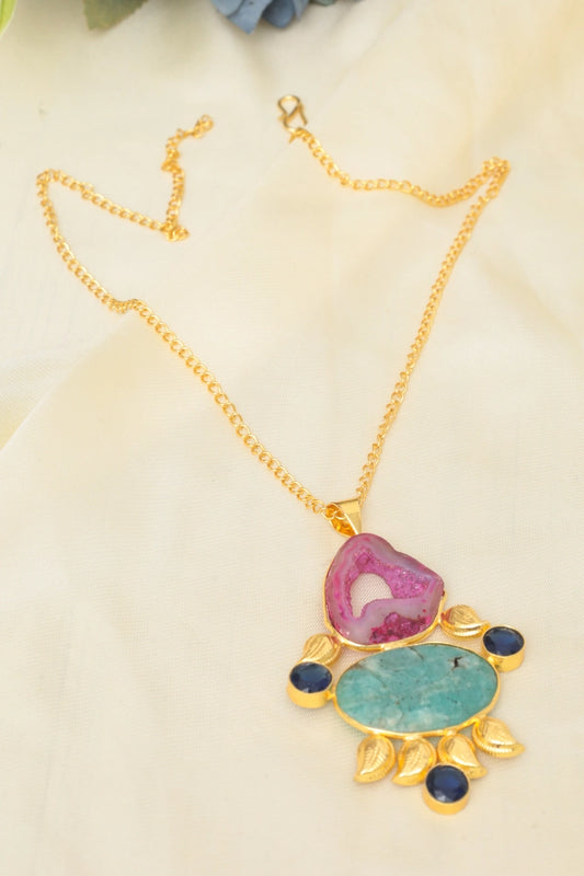 Picture of Zehnaz - Golden Agate Necklace Gold-Plated Statement Jewelry with Pink & Turquoise Stones - Available at Raja Sahib