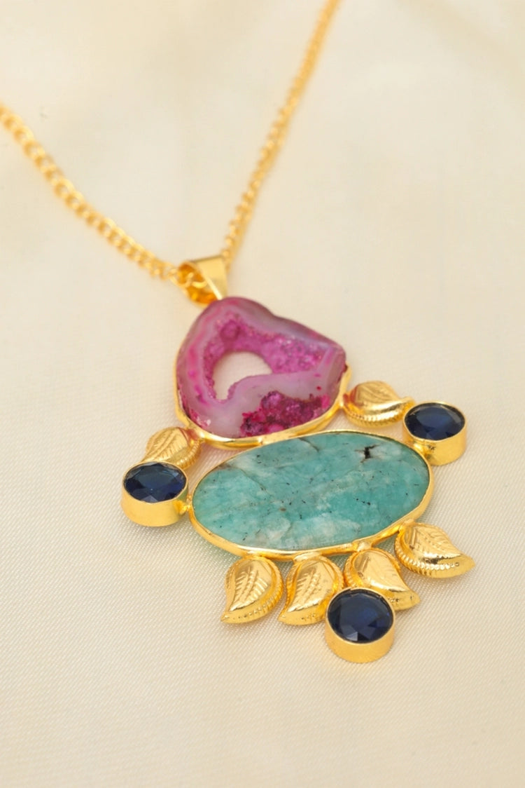 Picture of Zehnaz - Golden Agate Necklace Gold-Plated Statement Jewelry with Pink & Turquoise Stones - Available at Raja Sahib
