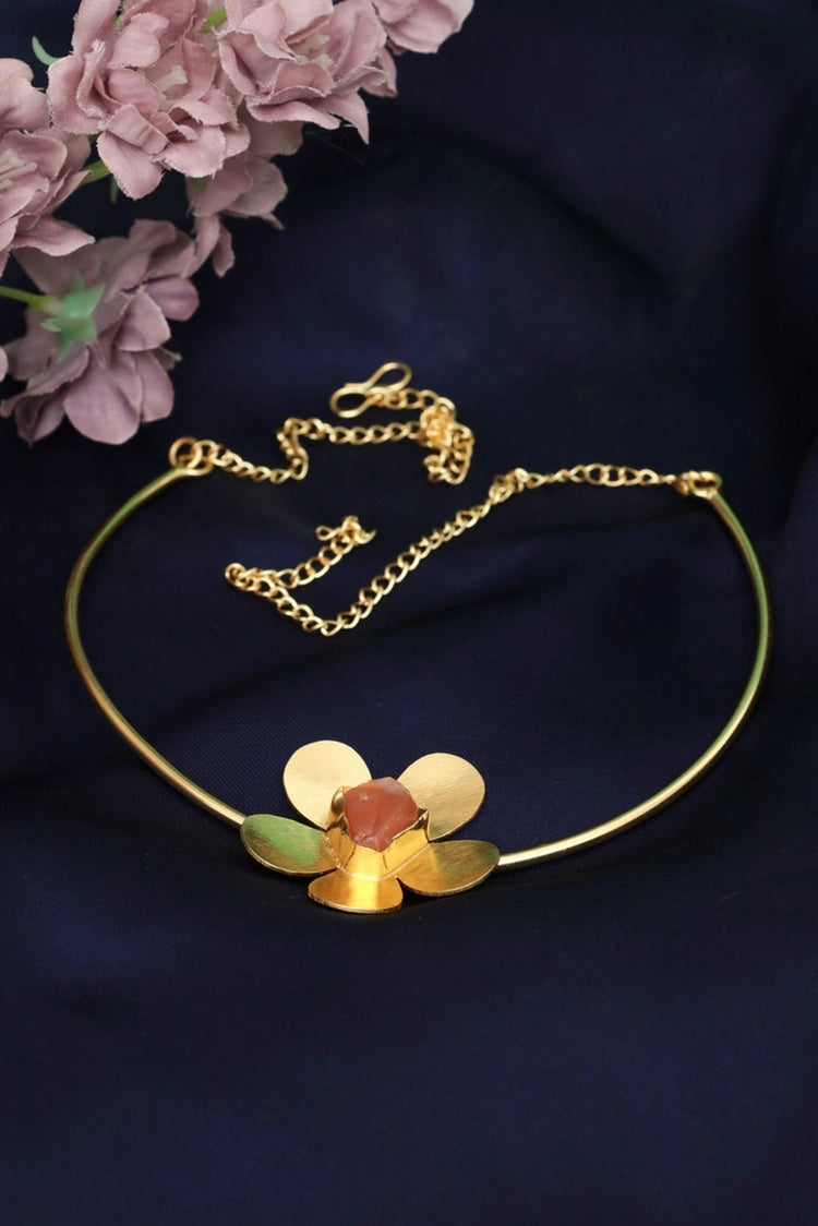Picture of Zehnaz - Golden Flower Necklace Gold-Plated Statement Neck Cuff - Available at Raja Sahib