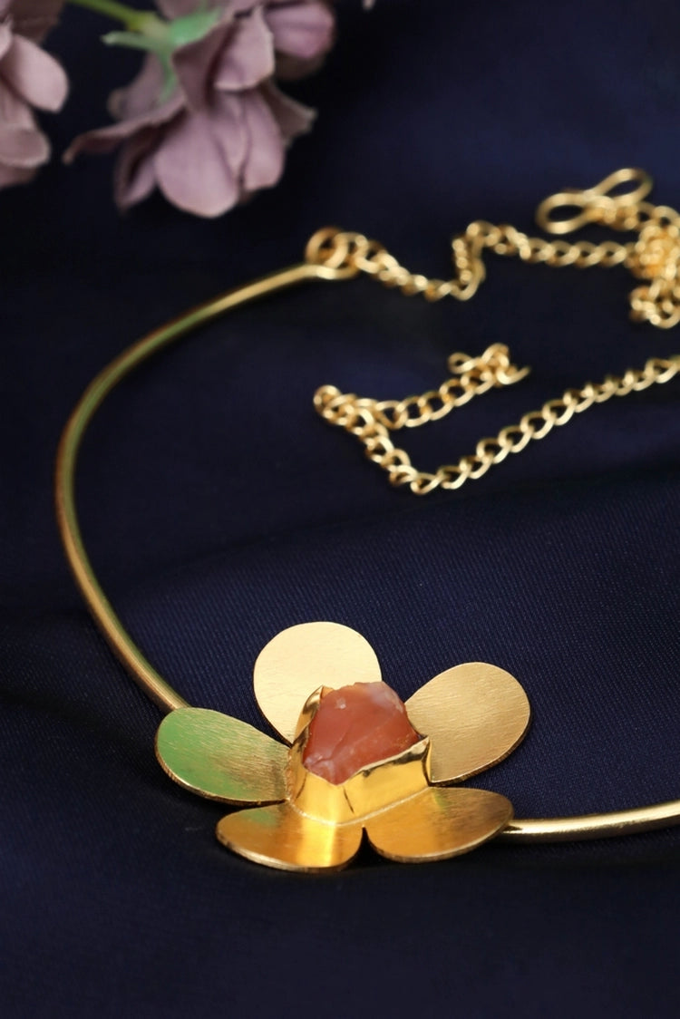 Picture of Zehnaz - Golden Flower Necklace Gold-Plated Statement Neck Cuff - Available at Raja Sahib