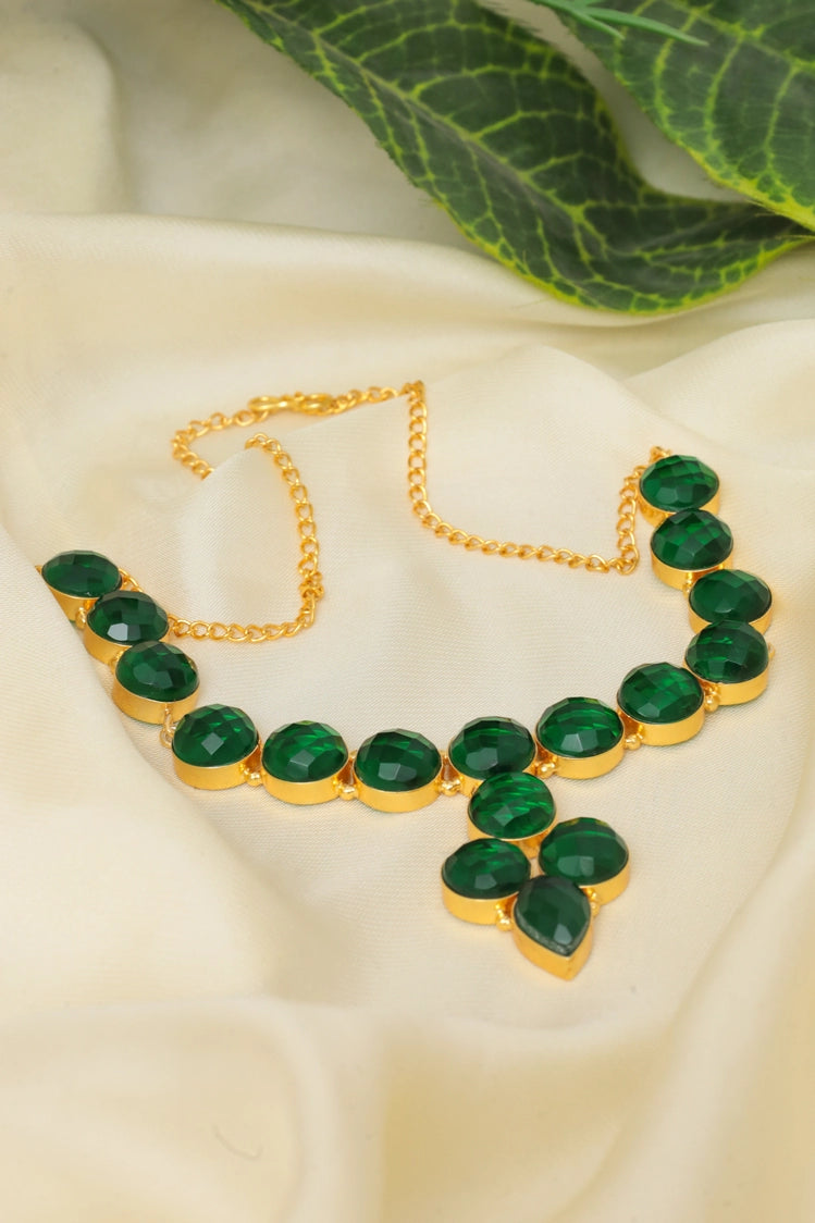 Picture of Zehnaz - Gold-Plated Green Oval Stone Necklace Statement Choker Jewelry - Available at Raja Sahib
