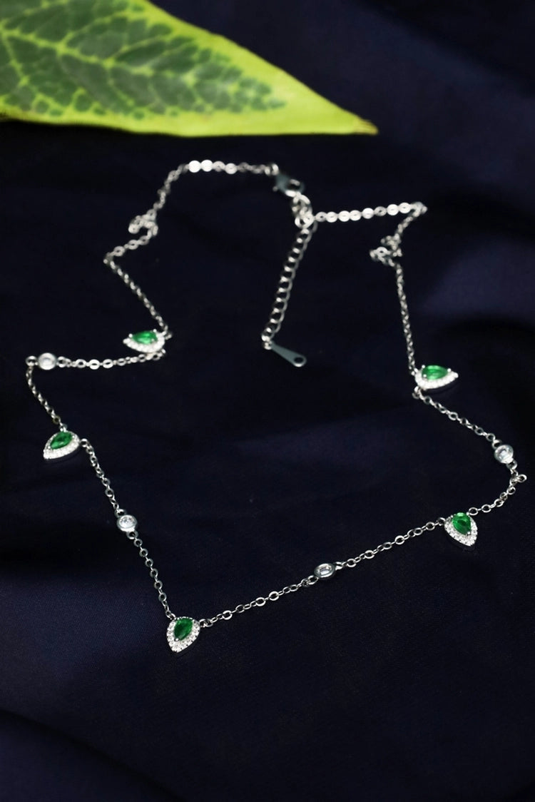 Picture of Zehnaz - Green Pear & White CZ Drop Necklace Silver Plated Jewelry - Available at Raja Sahib