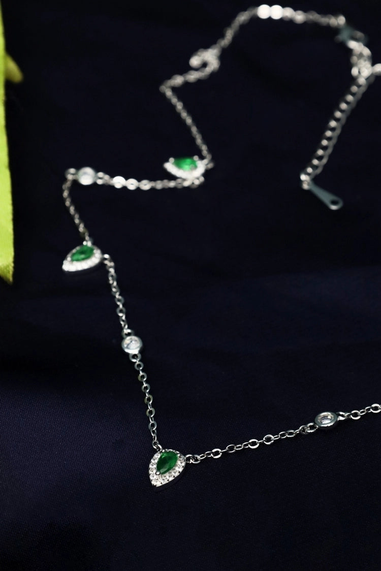 Picture of Zehnaz - Green Pear & White CZ Drop Necklace Silver Plated Jewelry - Available at Raja Sahib