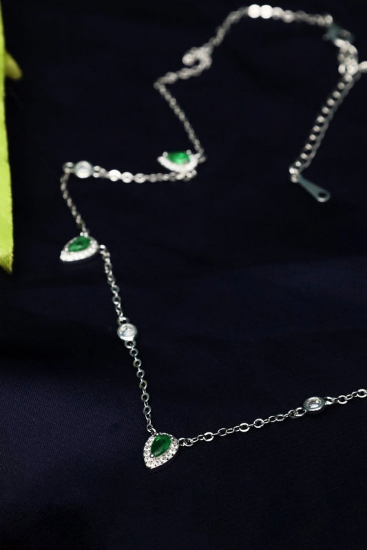 Picture of Zehnaz - Green Pear & White CZ Drop Necklace Silver Plated Jewelry - Available at Raja Sahib