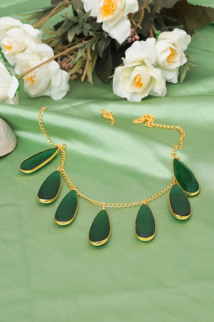 Picture of Zehnaz - Green Teardrop Necklace Gold-Plated Statement Jewelry - Available at Raja Sahib
