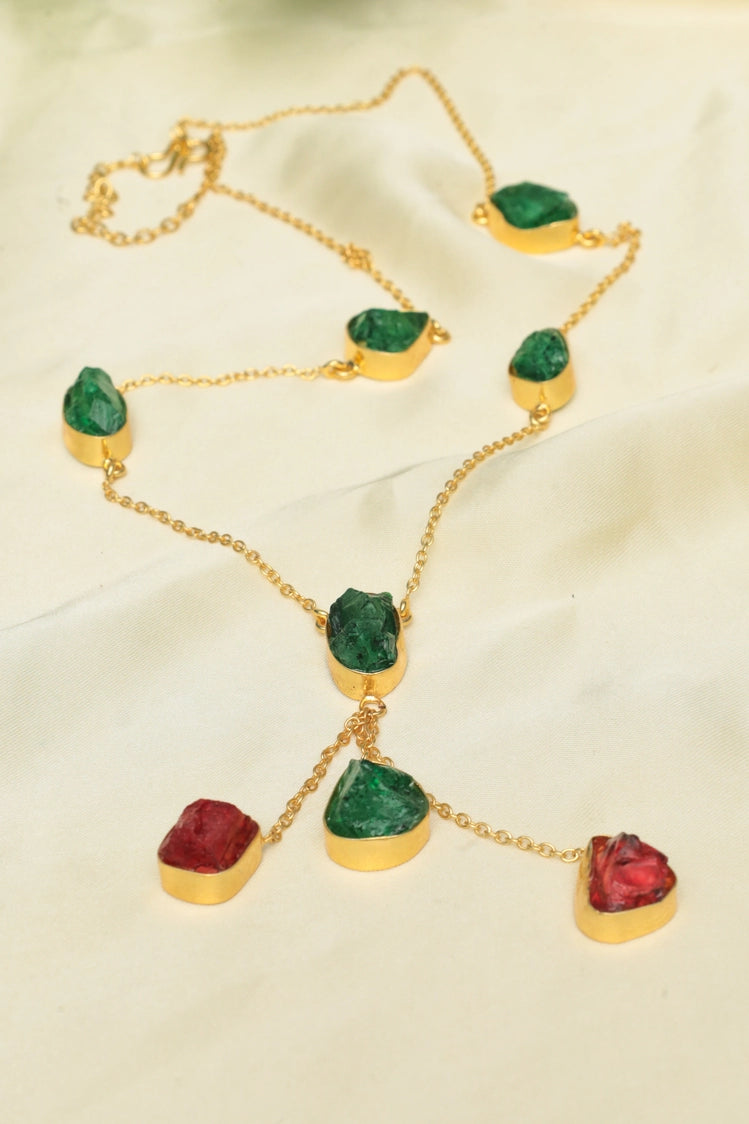 Picture of Zehnaz - Handmade Green & Red Gemstone Necklace Gold-Plated Bohemian Jewelry - Available at Raja Sahib