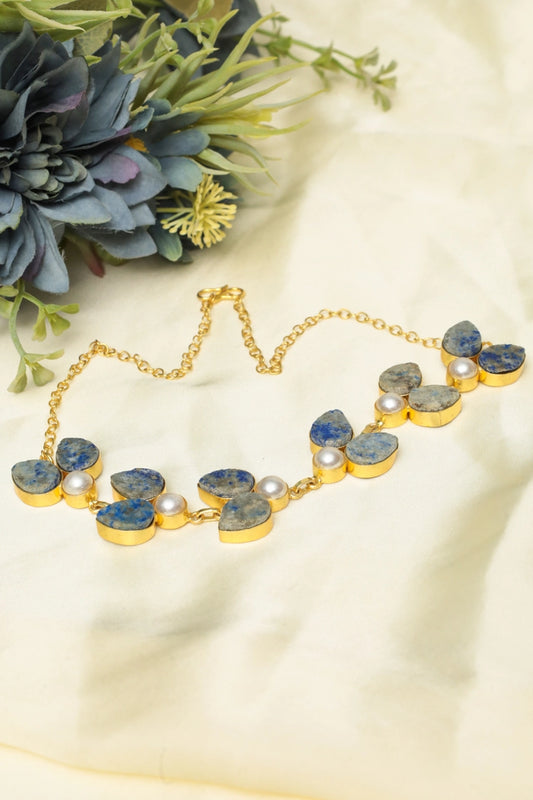 Picture of Zehnaz - Lapis & Pearl Necklace Handmade Gold-Plated Jewelry - Available at Raja Sahib
