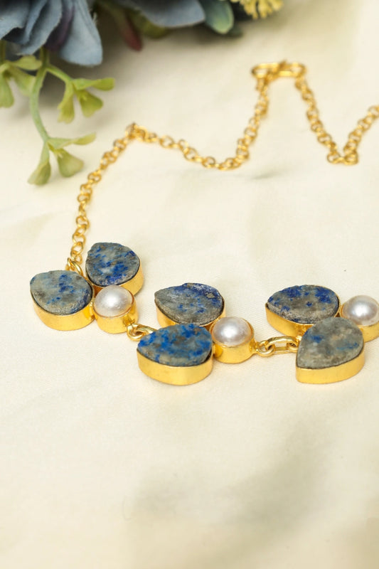 Picture of Zehnaz - Lapis & Pearl Necklace Handmade Gold-Plated Jewelry - Available at Raja Sahib