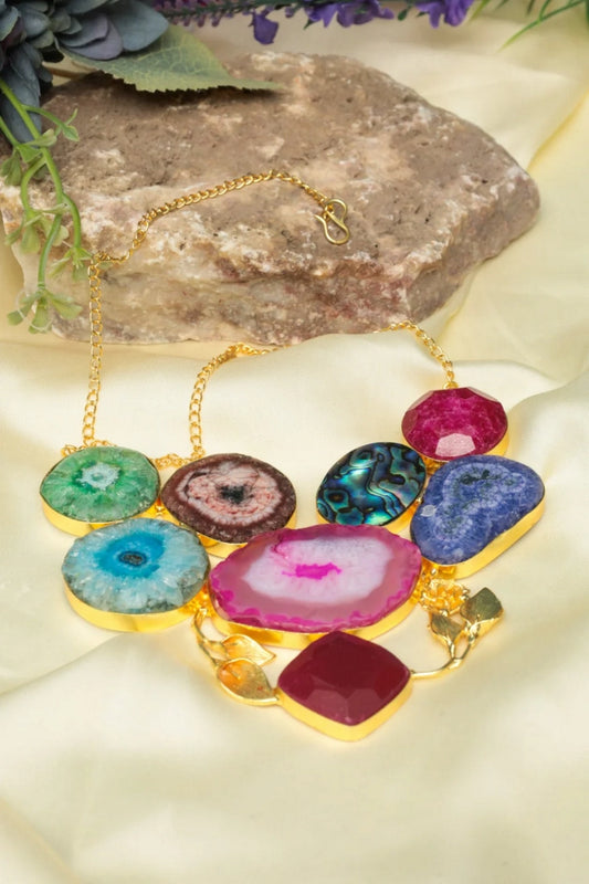 Picture of Zehnaz - Multi Gem Statement Necklace Gold-Plated Bohemian Jewelry - Available at Raja Sahib