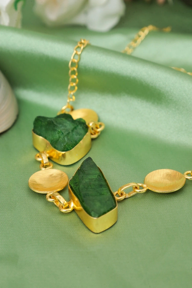 Picture of Zehnaz - Raw Green Stone Necklace Gold-Plated Bohemian Jewelry - Available at Raja Sahib