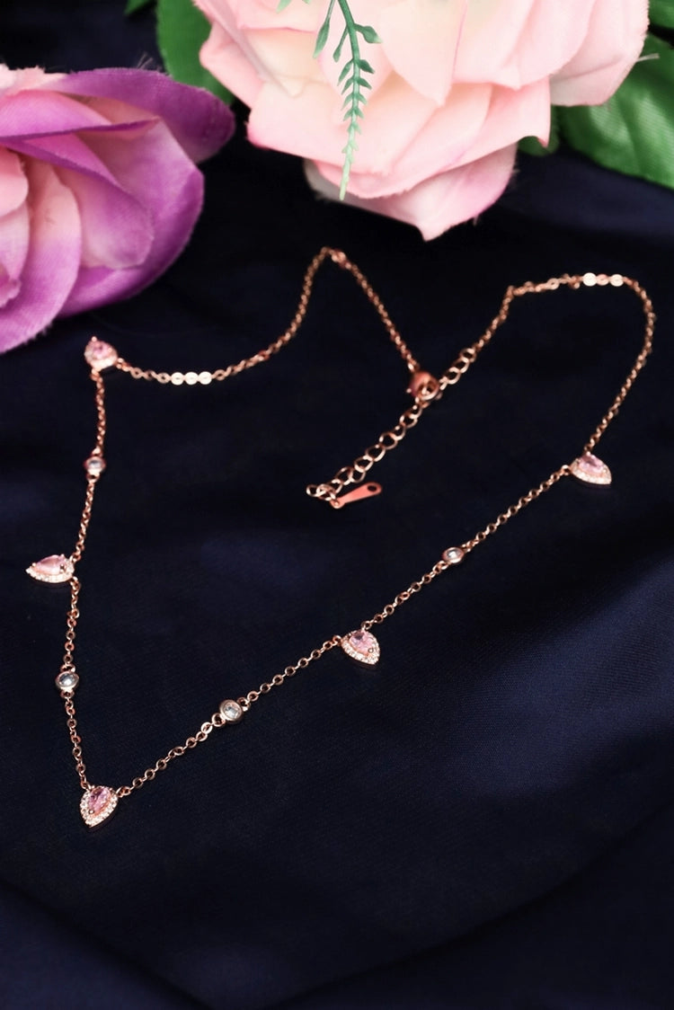 Picture of Zehnaz - Rose Gold CZ Heart & Teardrop Charm Necklace Dainty Jewelry - Available at Raja Sahib
